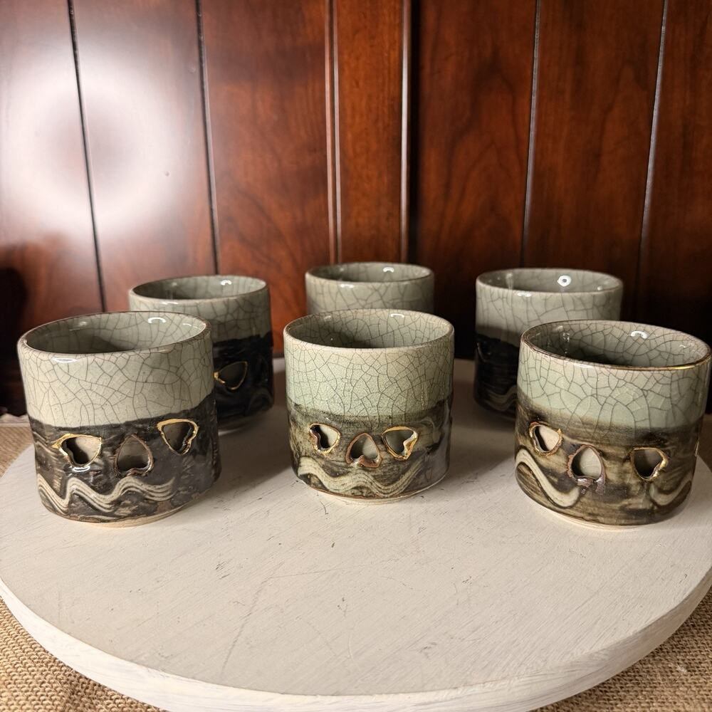 Vtg Somayaki Japanese Celadon Yunomi Tea Cups Crackle Double Heart Wall Cutout